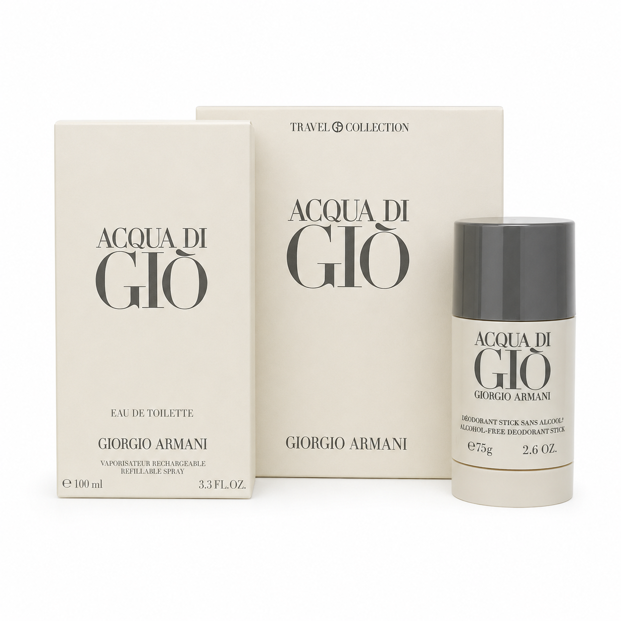 Acqua Di Gio 3.4, Deo - Travel by Armani 2.6 Oz Eau De Toilette Spray for Men 2 Pc Set