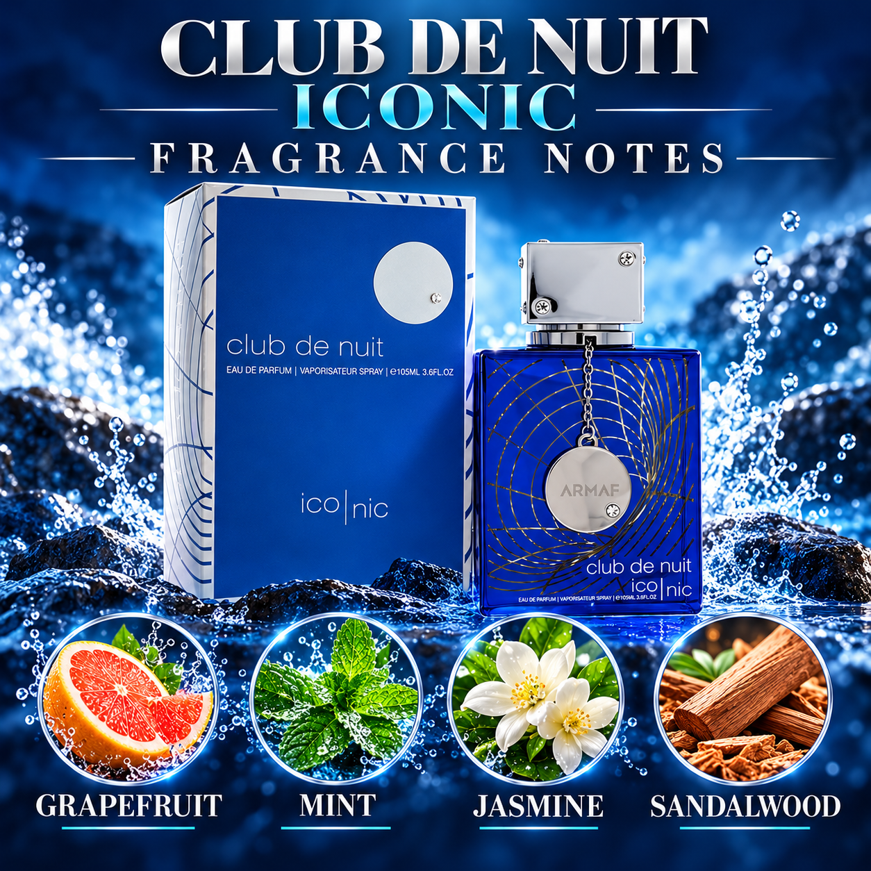 Club De Nuit Blue Iconic by Armaf 3.4 Oz Eau De Parfum Spray for Men enhanced image 1