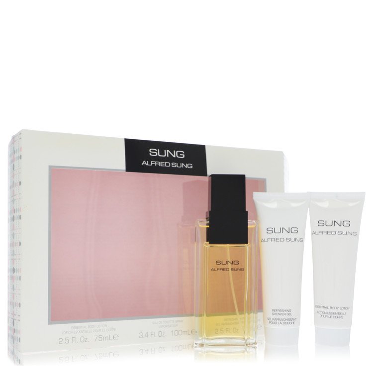 Sung By Alfred Sung Perfume 3 Piece Gift Set - 3.4 Oz Eau De Toilette Spray, 2.5 Oz Essential Body Lotion, 2.5 Oz Refreshing Shower Gel For Women - Gift Set