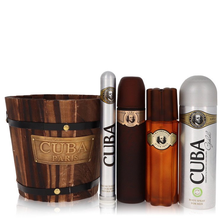 Cuba Cuba Gold 5 Pc Set Eau De Toilette Spray 3.4, Deo Spray 6.6 , A/S 3.4, Spray 1.17, Wood Bucket Cologne