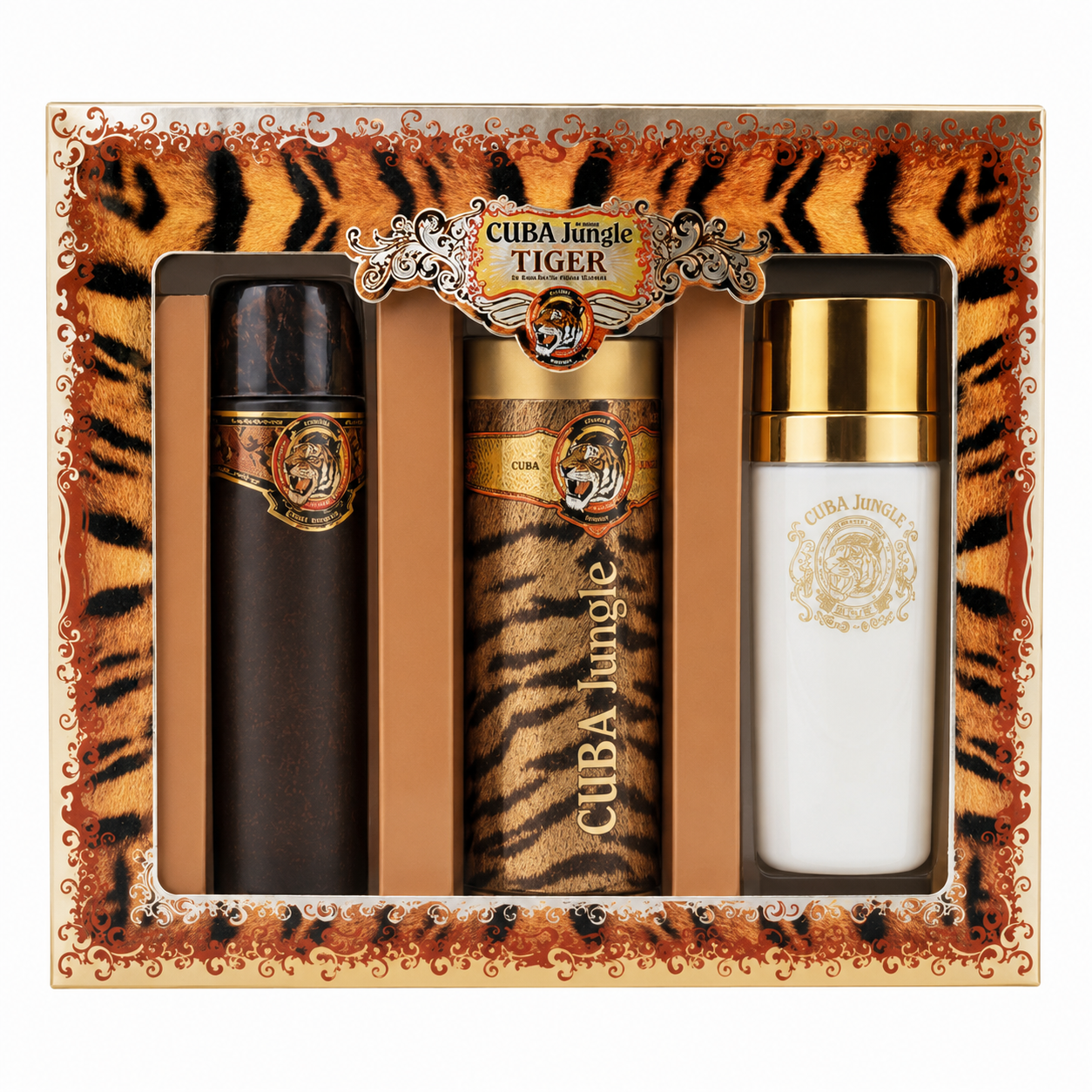 Jungle Tiger 3.3, Deo 6.7, B/l by Cuba 4.3 Oz Eau De Parfum Spray for Women 3 Pc Set