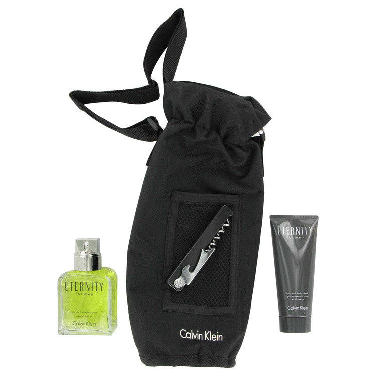 Eternity by Calvin Klein Gift Set -- 3.4 Oz Eau De Toilette Spray + 3.4 Oz Hair And Body Wash Tube + Wine Carrier And Opener for Men