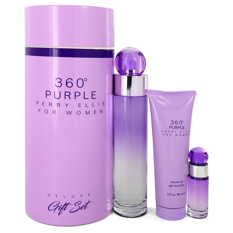 Perry Ellis 360 Purple by Perry Ellis Gift Set -- 3.4 oz Eau De Parfum Spray + .25 oz Mini EDP Spray + 3 oz Shower Gel for Women - Premium Designer Fragrance – Available at AAA Beauty