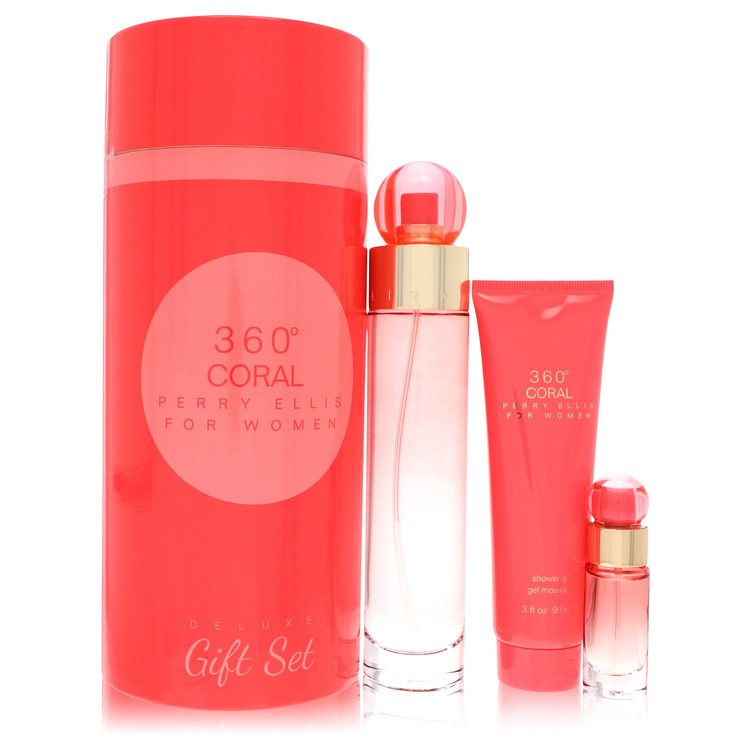 Perry Ellis 360 Coral by Perry Ellis Gift Set -- 3.4 oz Eau de Parfum Spray + .25 oz Mini EDP Spray + 3 oz Shower Gel for Women - Premium Designer Fragrance – Available at AAA Beauty