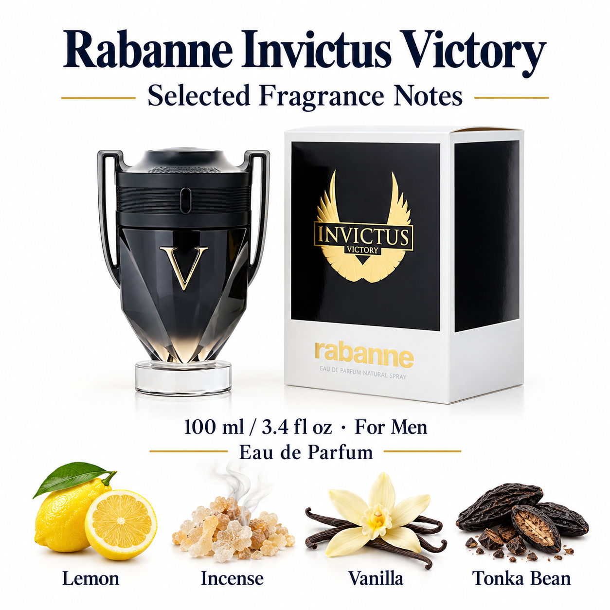 Rabanne Invictus Victory — 100 ml / 3.4 fl oz · For Men — Eau de Parfum — bottle and packaging