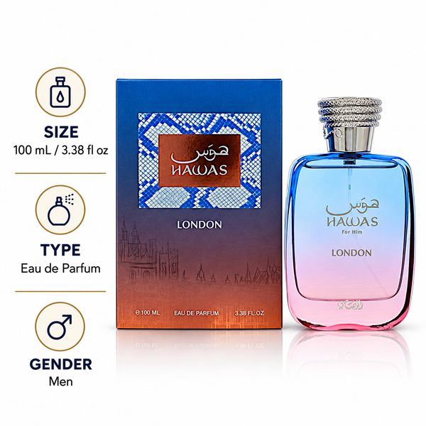 Hawas London by Rasasi 3.38 Oz Eau De Parfum Spray In Box for Men