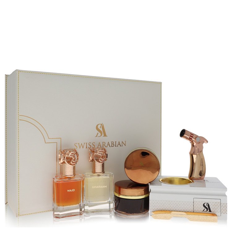 Swiss Arabian Bakhoor Dukhoon Al Haram by Swiss Arabian 1.7 Oz Gift Set - Gift Set Contains 2 X Eau De Parfum In Wajd & Gharaam + 2 X 60 Grams Of Incense In Dukhoon Al Haram & Oud Muattar Mumtaz for Men
