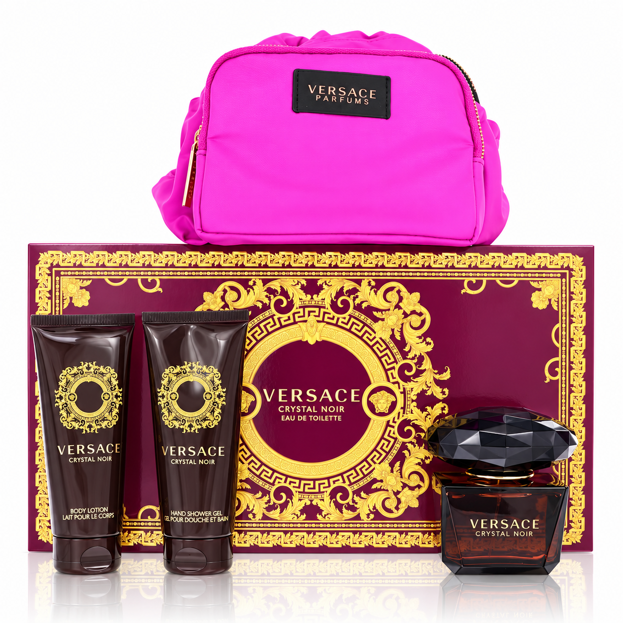 Versace Crystal Noir gift set with perfume, lotion, shower gel and bag