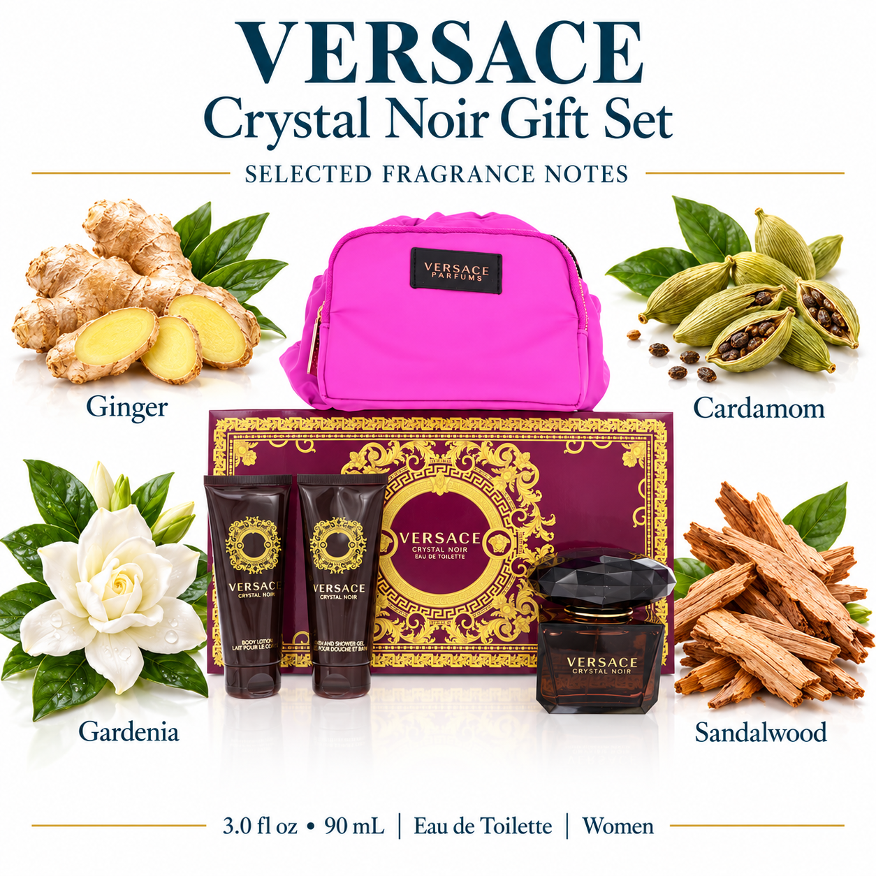 Versace Crystal Noir gift set with perfume, lotion, shower gel and bag