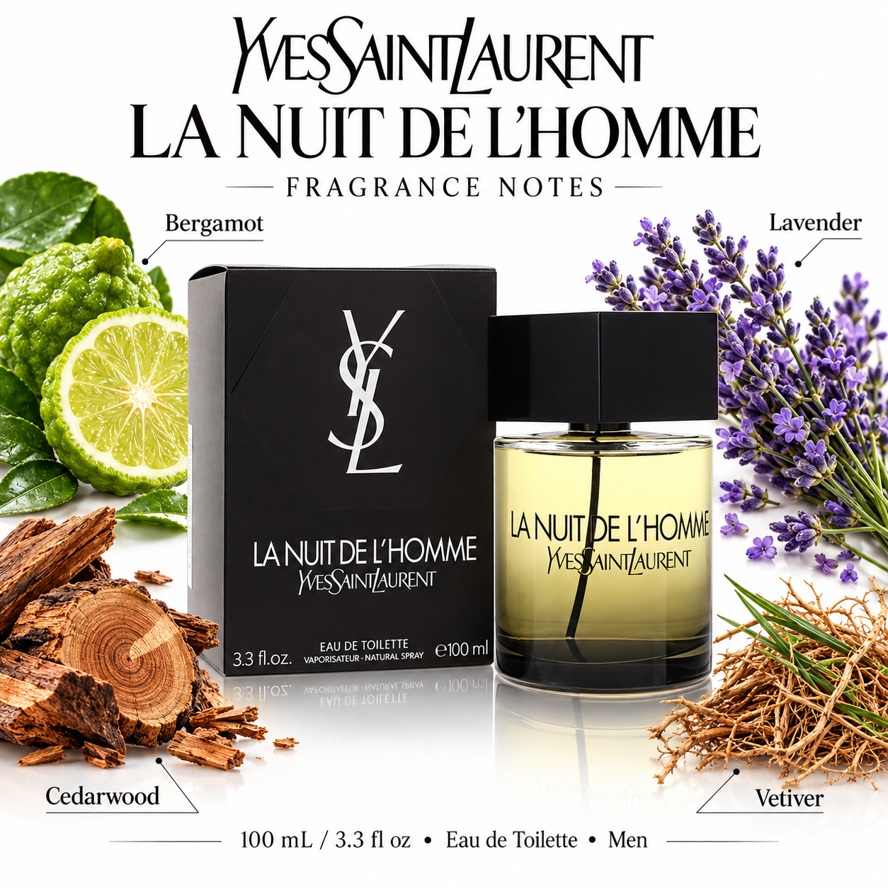 La Nuit De Lhomme by Yves Saint Laurent 3.3 Oz Eau De Toilette Spray In Box for Men