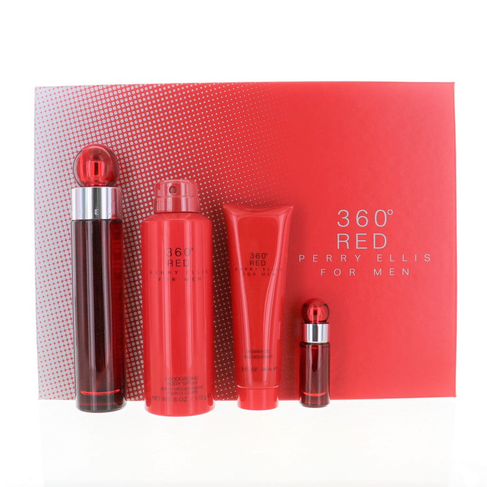 Perry Ellis 360 Red By Perry Ellis Cologne 4 Piece Gift Set - 3.4 Oz Eau De Toilette Spray, 0.25 Oz Eau De Toilette Spray, 6.0 Oz Deodorizing Body Spray, 3.0 Oz Shower Gel For Men - Gift Set