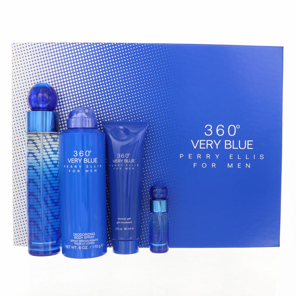Perry Ellis 360 Very Blue For Men By Perry Ellis Cologne 4 Piece Gift Set - 3.4 Oz Eau De Toilette Spray, 0.25 Oz Eau De Toilette Spray, 6.0 Oz Deodorizing Body Spray, 3.0 Oz Shower Gel For Men - Gift Set