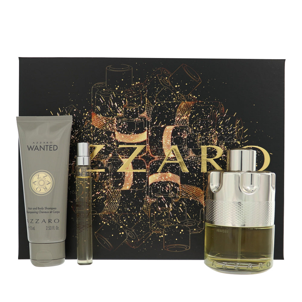 Azzaro Wanted By Azzaro Cologne 3 Piece Gift Set - 3.3 Oz Eau De Toilette Spray, 0.33 Oz Eau De Toilette Spray, 2.53 Oz Haid And Body Shampoo For Men - Gift Set