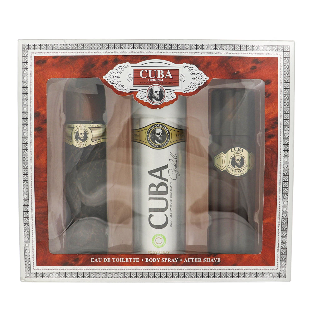 Cuba Gold By Cuba Cologne 3 Piece Gift Set - 3.3 Oz Edt Spray, 6.6 Oz Body Spray, 3.3 Oz After Shave For Men - Gift Set