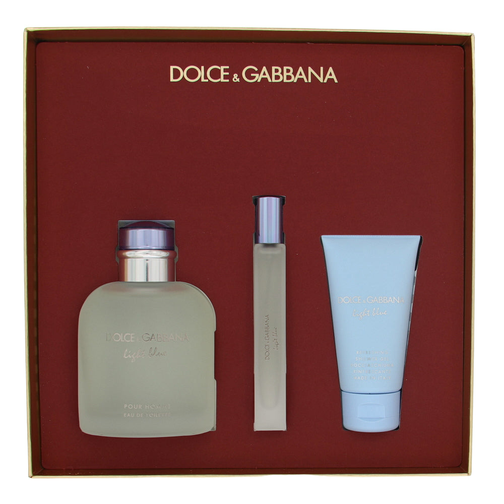 D & G Light Blue By Dolce & Gabbana 3 Piece Gift Set - 4.2 Oz Eau De Toilette Spray, 0.33 Oz Eau De Toilette Spray, 1.7 Oz Refreshing Shower Gel For Men In Gift Set