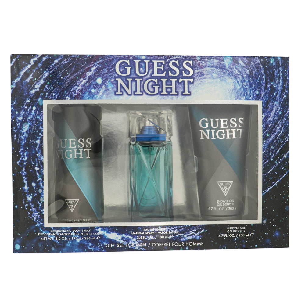 Guess Night By Guess Cologne 3 Piece Gift Set - 3.4 Oz Eau De Toilette Spray, 6.7 Oz Shower Gel, 6.0 Oz Deodorizing Body Spray For Men - Gift Set