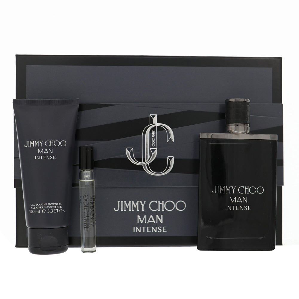 Jimmy Choo Man Intense By Jimmy Choo Cologne 3 Piece Gift Set - 3.3 Oz Eau De Toilette Spray, 0.25 Oz Eau De Toilette Spray, 3.3 Oz All - Over Shower Gel For Men - Gift Set