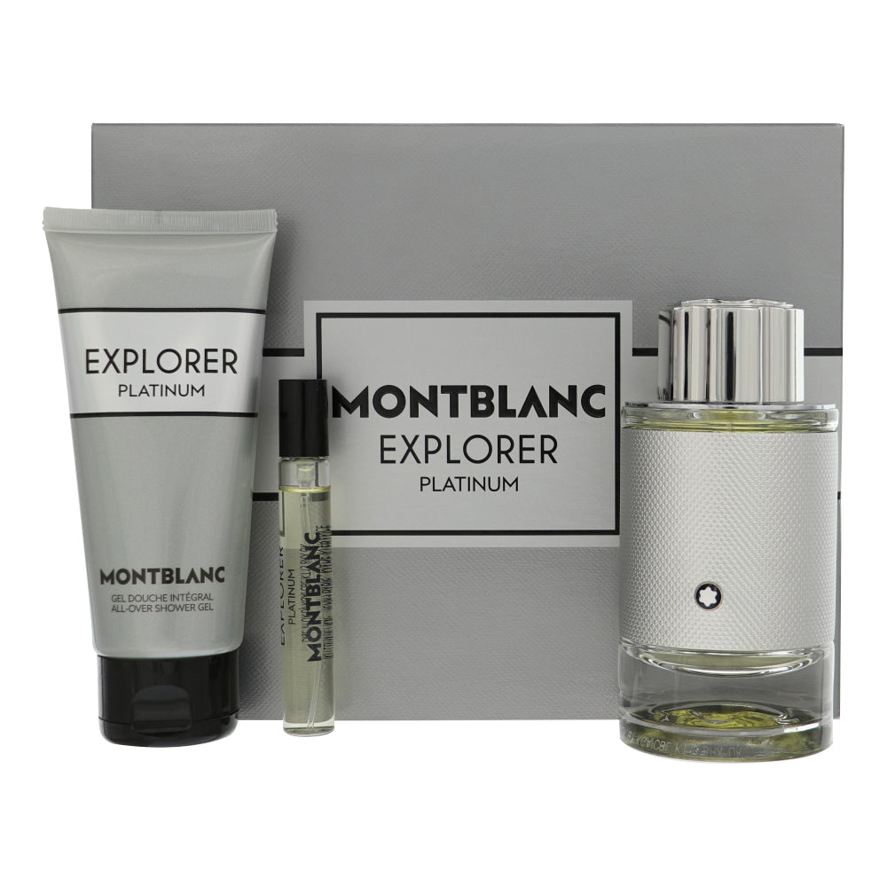 Mont Blanc Explorer Platinum By Mont Blanc Cologne 3 Piece Gift Set - 3.3 Oz Eau De Parfum Spray, 0.25 Oz Eau De Parfum Spray, 3.3 Oz All Over Shower Gel For Men - Gift Set