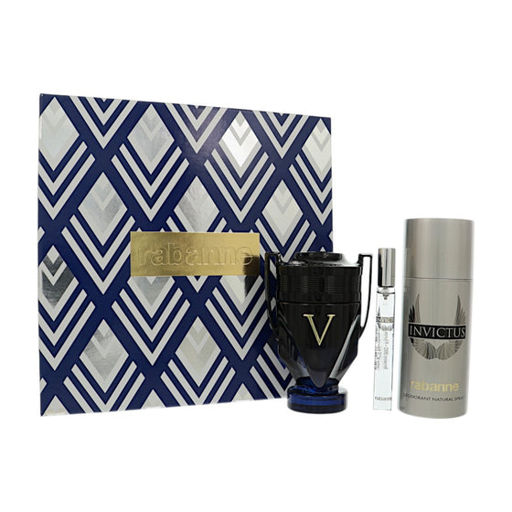 Invictus Victory Elixir 3.4, Deo 5.1 by Paco Rabanne 0.34 Oz Parfum Spray for Men 3 Pc Set