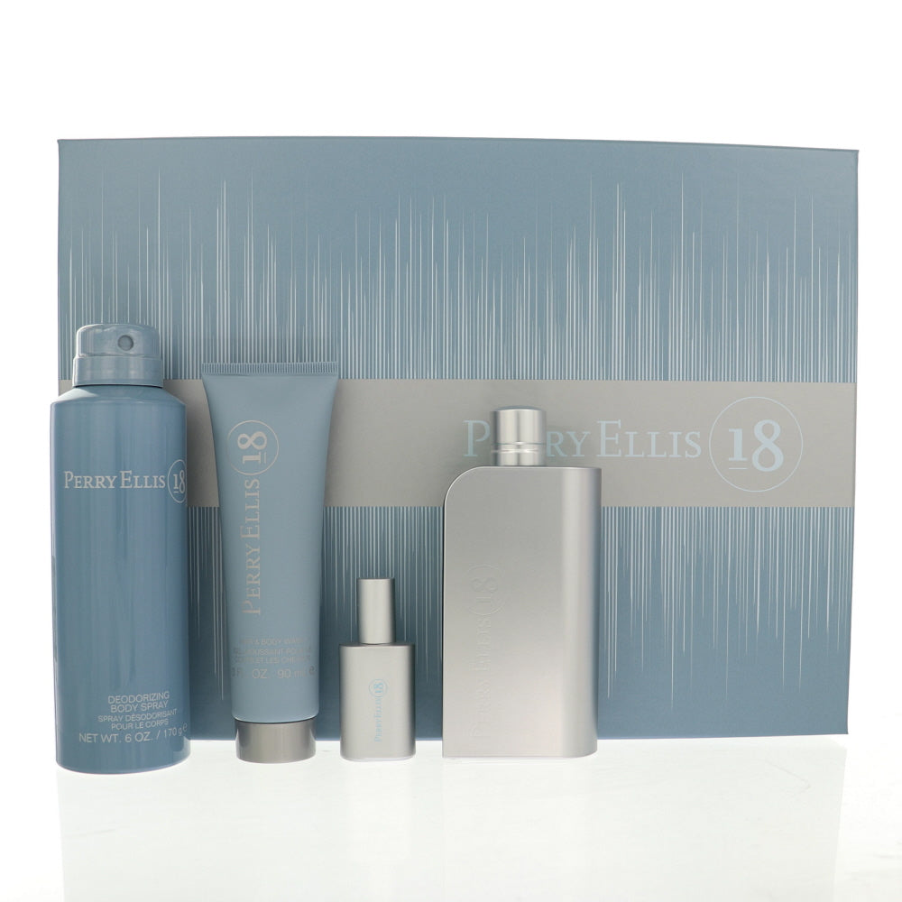 Perry Ellis 18 By Perry Ellis Cologne 4 Piece Gift Set - 3.4 Oz Eau De Toilette Spray, 0.25 Oz Eau De Toilette Spray, 6.0 Oz Deodorizing Body Spray, 3.0 Oz Hair & Body Wash For Men - Gift Set