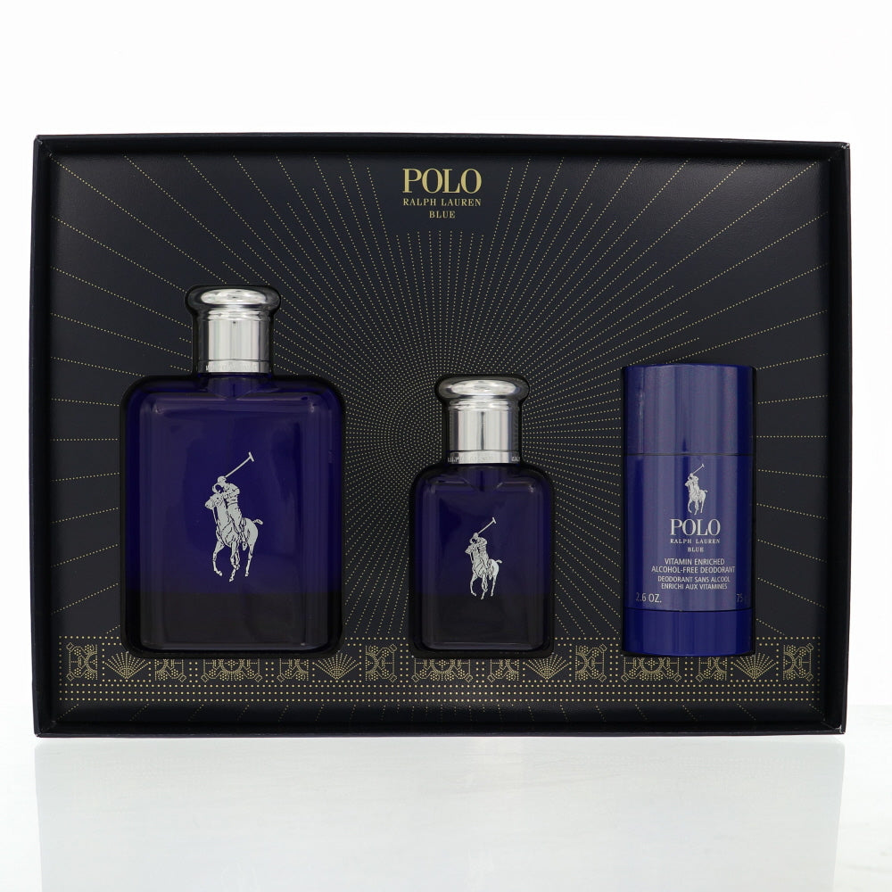 Polo Blue By Ralph Lauren 3 Piece Gift Set - 4.2 Oz Eau De Toilette Spray, 1.36 Oz Eau De Toilette Spray, 2.6 Oz Deodorant Alcohol Free For Men In Gift Set
