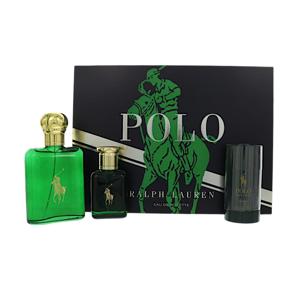 Polo Green 4.2, 1.36. Deo by Ralph Lauren 2.5 Oz Eau De Toilette Spray for Men 3 Pc Set
