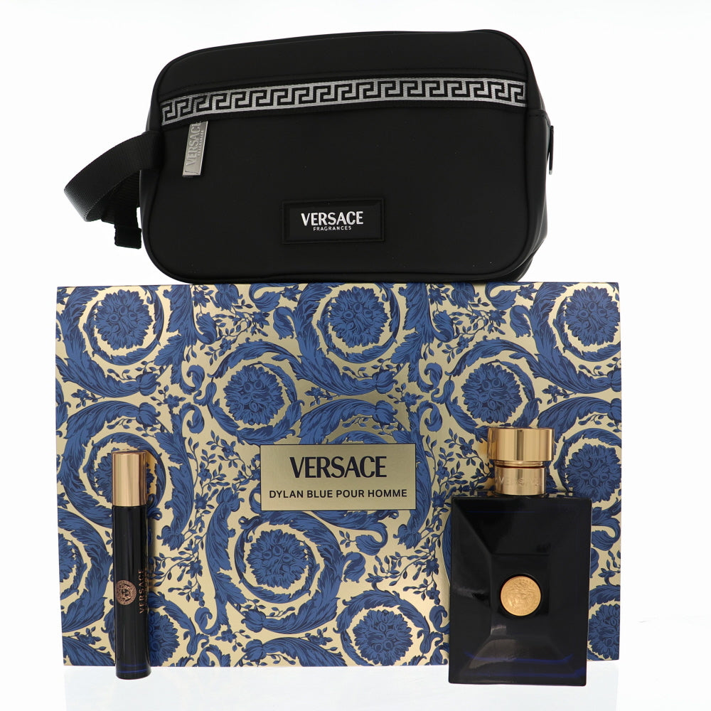 Versace Dylan Blue By Versace 3 Piece Gift Set - 3.4 Oz Eau De Toilette Spray, 0.3 Oz Eau De Toilette Spray,  Black Trousse For Men In Gift Set