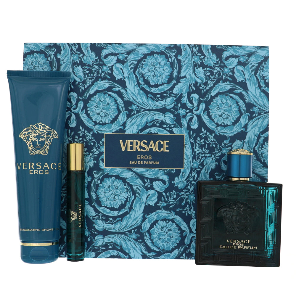 Versace Eros By Versace 3 Piece Gift Set - 3.4 Oz Eau De Parfum Spray, 0.3 Oz Eau De Parfum Splash, 5.0 Oz Shower Gel For Men In Gift Set