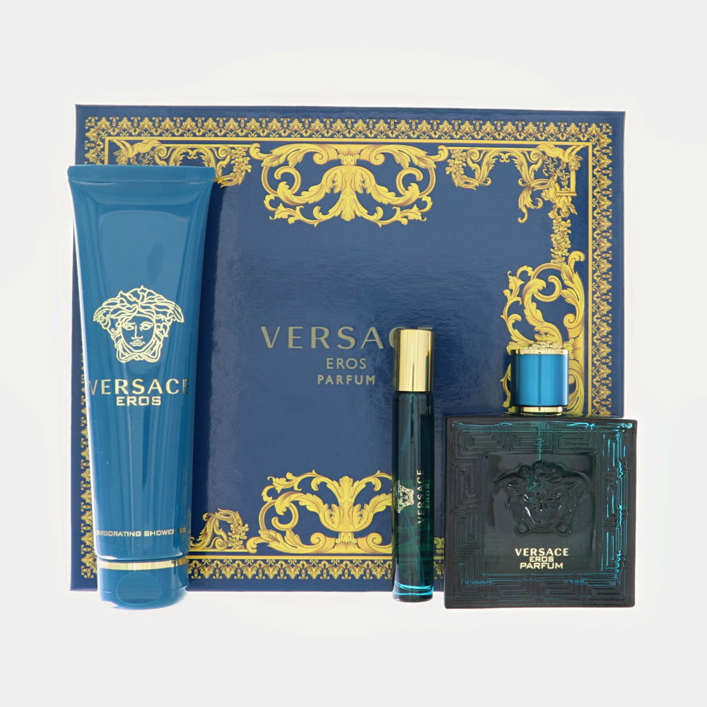 Versace Eros By Versace 3 Piece Gift Set - 3.4 Oz Parfum Spray, 0.3 Oz Parfum Spray, 5.0 Oz Invigorating Shower Gel For Men In Gift Set