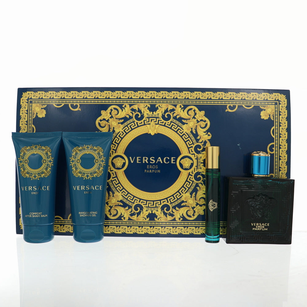 Versace Eros By Versace 4 Piece Gift Set - 3.4 Oz Parfum Spray, 0.3 Oz Parfum Spray, 2.5 Oz Invigorating Shower Gel, 2.5 Oz Comfort After Shave Balm For Men In Gift Set