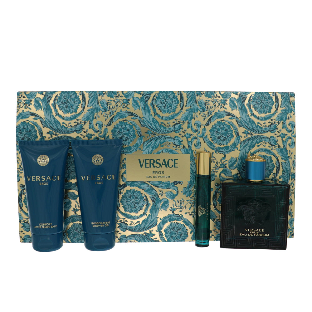 Versace Eros By Versace Cologne 4 Piece Gift Set - 3.4 Oz Eau De Parfum Spray, 0.3 Oz Eau De Parfum Spray, 2.5 Oz Invigorating Shower Gel, 2.5 Oz Comfort After Shave Balm For Men - Gift Set