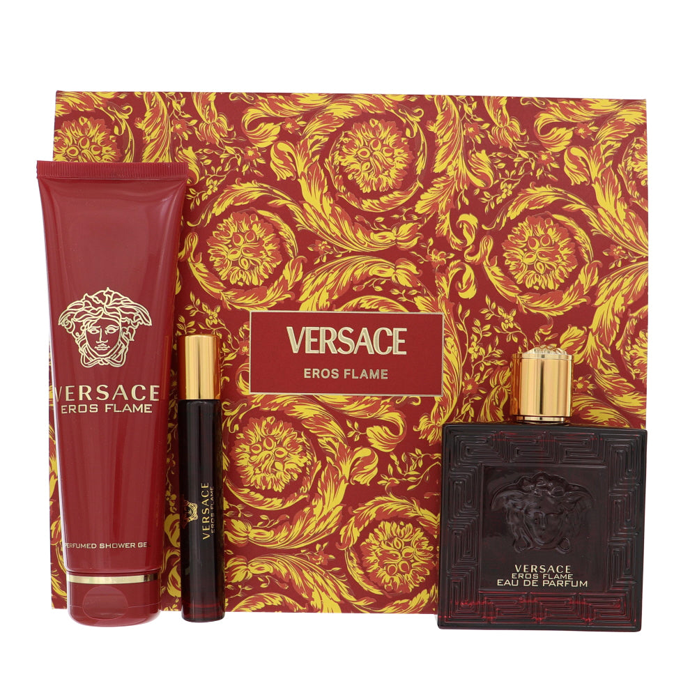 Versace Eros Flame By Versace 3 Piece Gift Set - 3.4 Oz Eau De Parfum Spray, 0.3 Oz Eau De Parfum Splash, 5.0 Oz Shower Gel For Men In Gift Set
