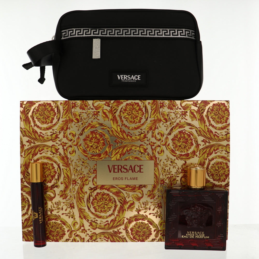 Versace Eros Flame 3Pcset 3.4 Oz Eau De Parfum Spray / 10Ml Spray / Versace Designed Pouch for Men