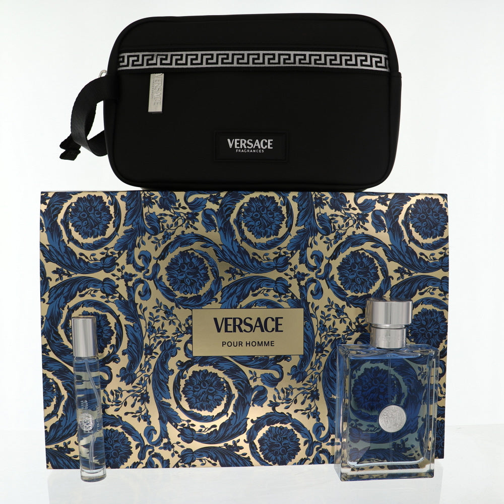 Versace Pour Homme By Versace Cologne 3 Piece Gift Set - 3.4 Oz Eau De Toilette Spray, 0.3 Oz Eau De Toilette Spray,  Travel Pouch For Men - Gift Set