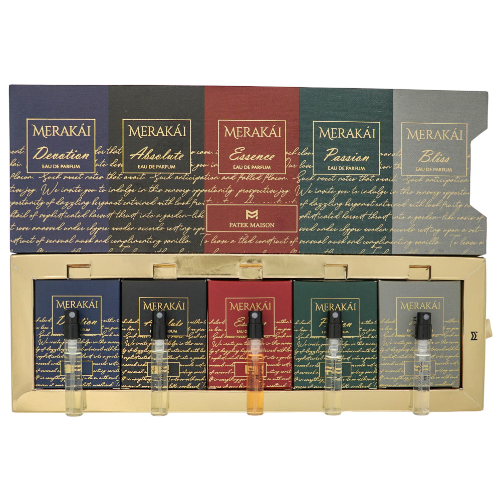 Merakai Luxury Discovery Set By Patek Maison Fragrance 5 Piece Gift Set - 0.10 Oz Absolute Eau De Parfum Spray, 0.10 Oz Bliss Eau De Parfum Spray, 0.10 Oz Devotion Eau De Parfum Spray, 0.10 Oz Essence Eau De Parfum Spray, 0.10 Oz Passion Eau De Parfum Spray For Unisex - Gift Set