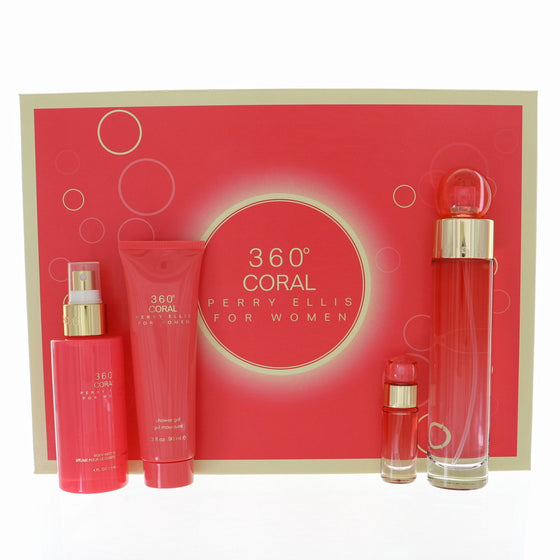 Perry Ellis Perry Ellis 360 Coral 4 Pc Set Eau De Parfum Spray 3.4, B/M 4.0, S/G 3.0, Spray 0.25 Oz Perfume