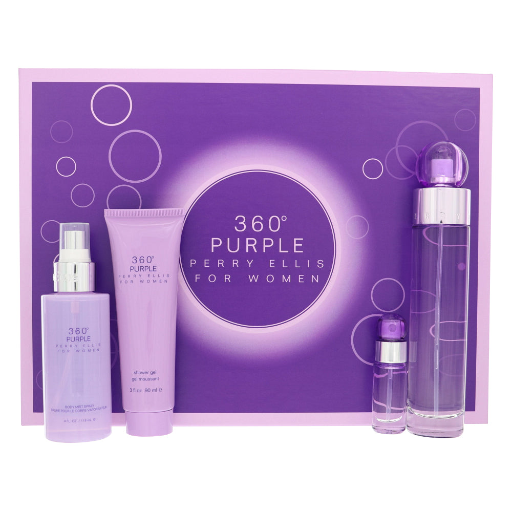 Perry Ellis 360 Purple By Perry Ellis 4 Piece Gift Set - 3.4 Oz Eau De Parfum Spray, 0.25 Oz Eau De Parfum Spray, 3.0 Oz Shower Gel, 4.0 Oz Body Mist Spray For Women In Gift Set