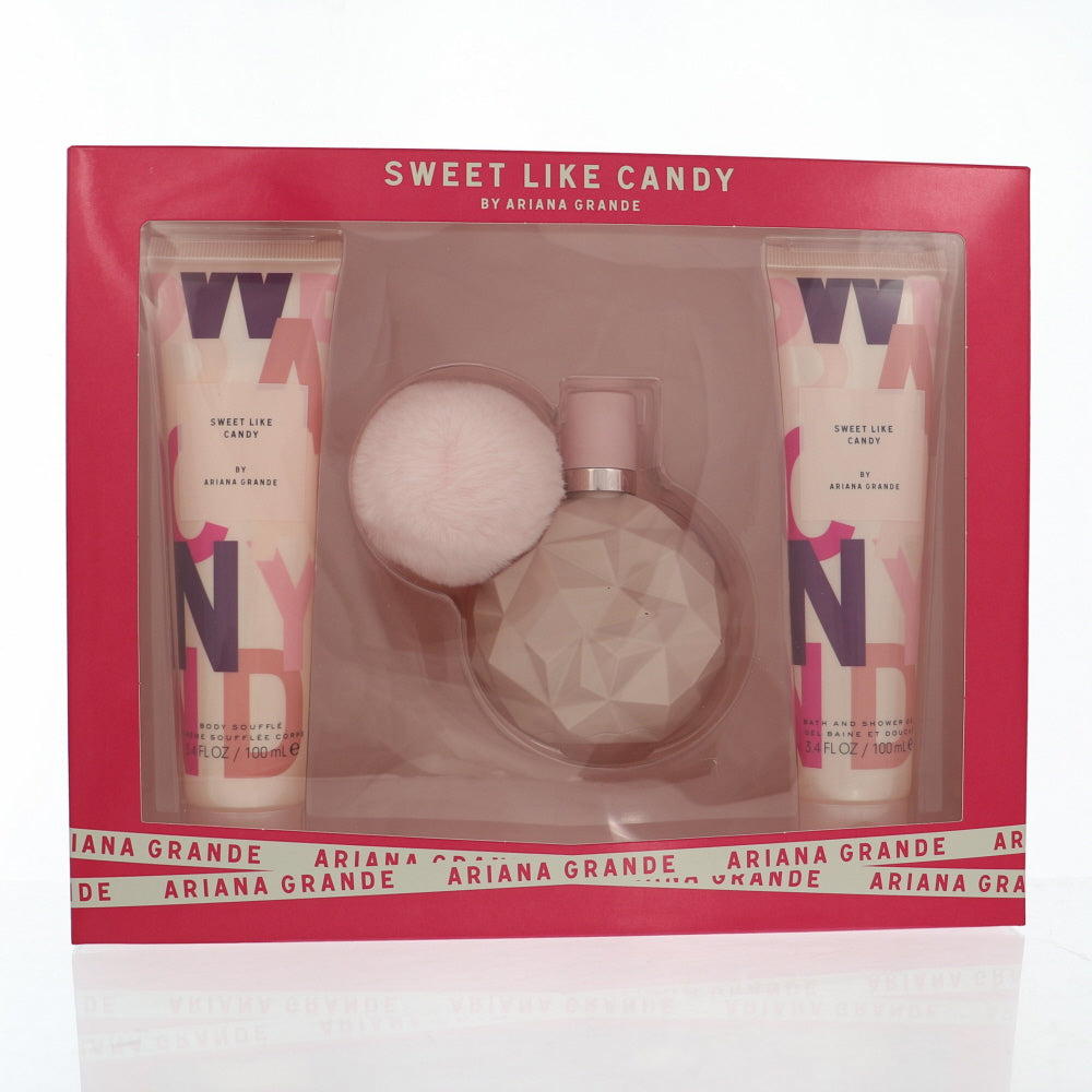 Sweet Like Candy By Ariana Grande Perfume 3 Piece Gift Set - 3.4 Oz Eau De Parfum Spray, 3.4 Oz Bath & Shower Gel, 3.4 Oz Body Souffle For Women - Gift Set
