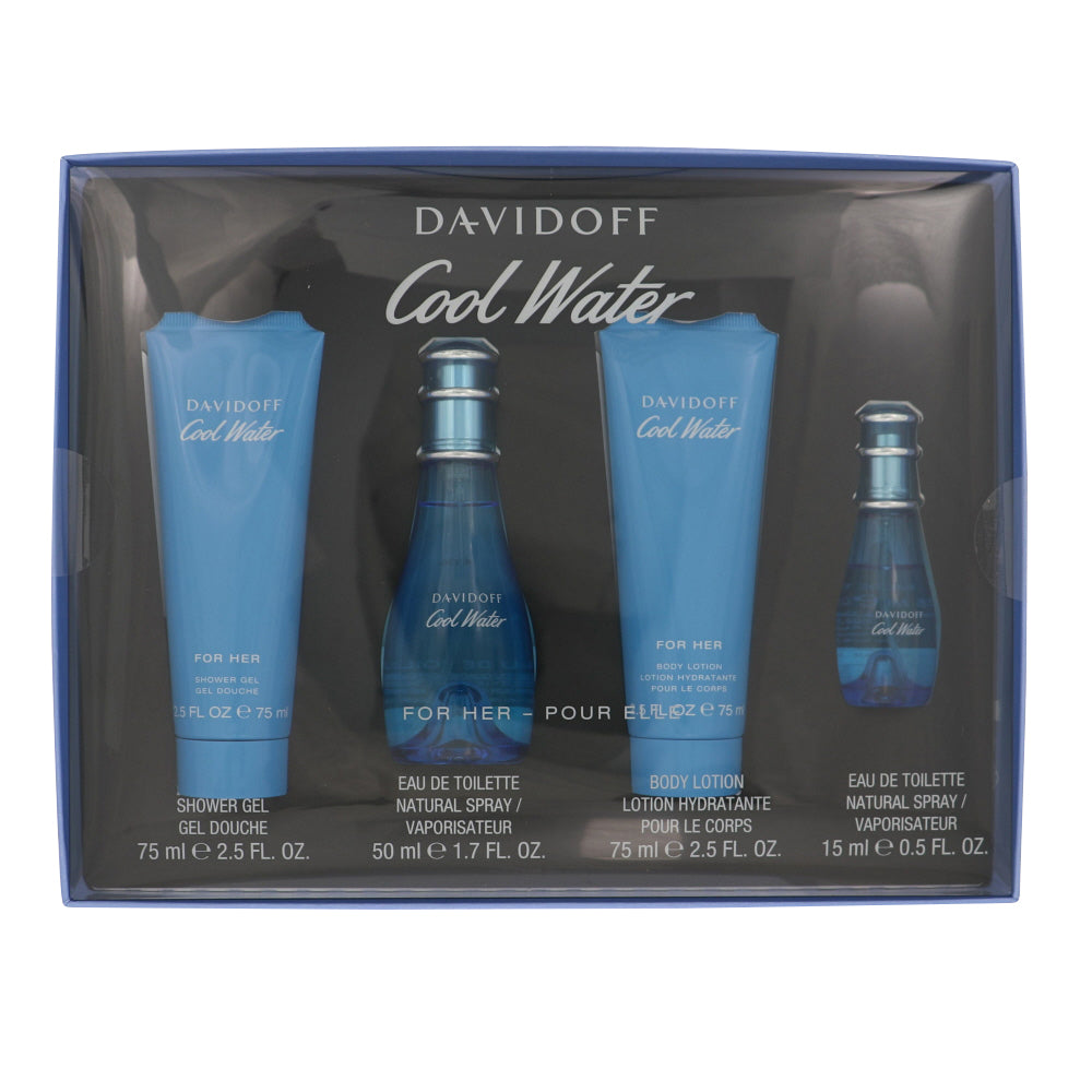 Cool Water By Davidoff Perfume 4 Piece Gift Set - 1.7 Oz Eau De Toilette Spray, 0.5 Oz Eau De Toilette Spray, 2.5 Oz Shower Gel, 2.5 Oz Body Lotion For Women - Gift Set
