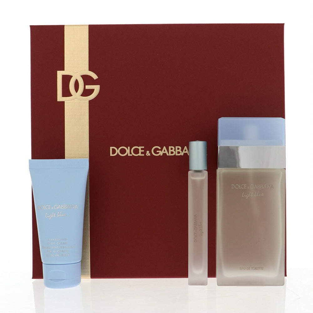D & G Light Blue By Dolce & Gabbana Perfume 3 Piece Gift Set - 3.3 Oz Eau De Toilette Spray, 0.33 Oz Eau De Toilette Spray, 1.7 Oz Refreshing Body Cream For Women - Gift Set