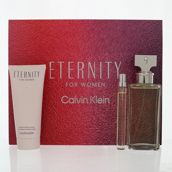 Eternity By Calvin Klein Perfume 3 Piece Gift Set - 3.3 Oz Eau De Parfum Spray, 0.33 Oz Eau De Parfum Spray, 3.3 Oz Body Lotion For Women - Gift Set