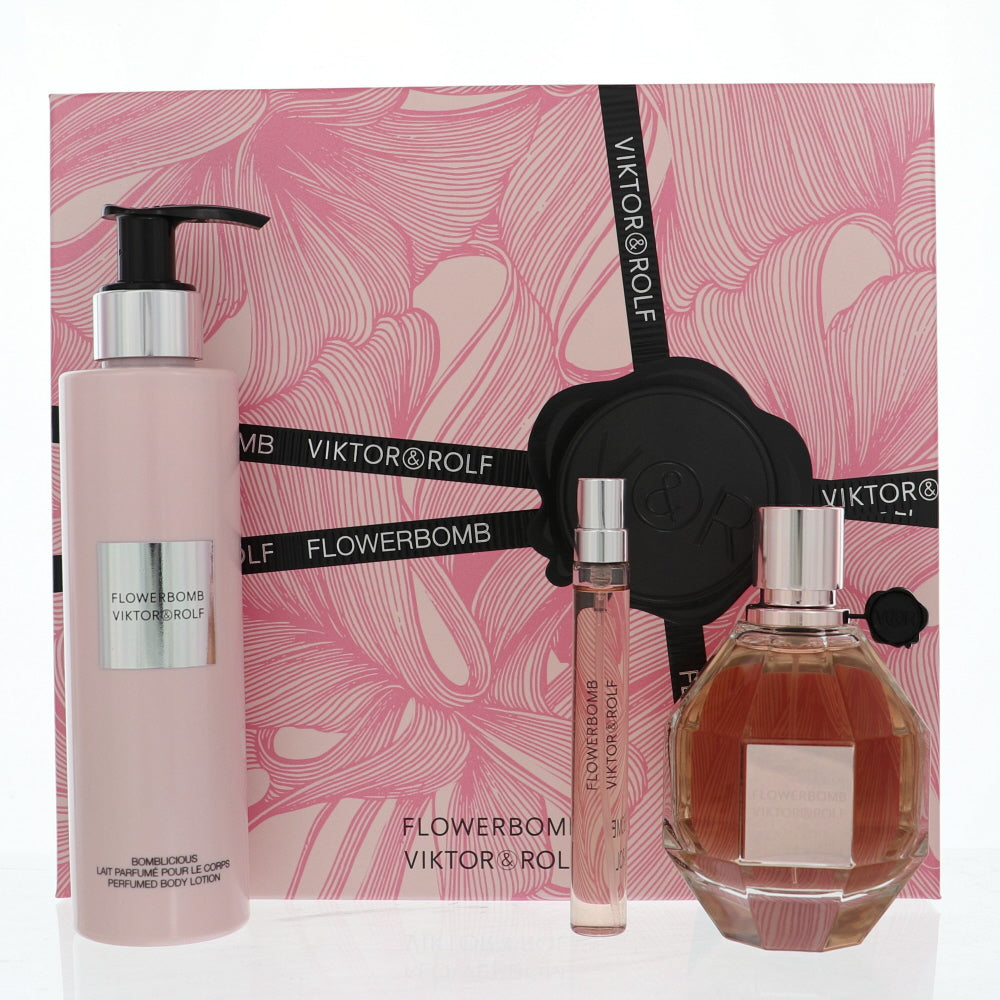 Flower Bomb By Viktor & Rolf 3 Piece Gift Set - 3.4 Oz Eau De Parfum Spray, 0.34 Oz Eau De Parfum Spray, 6.7 Oz Body Cream For Women In Gift Set
