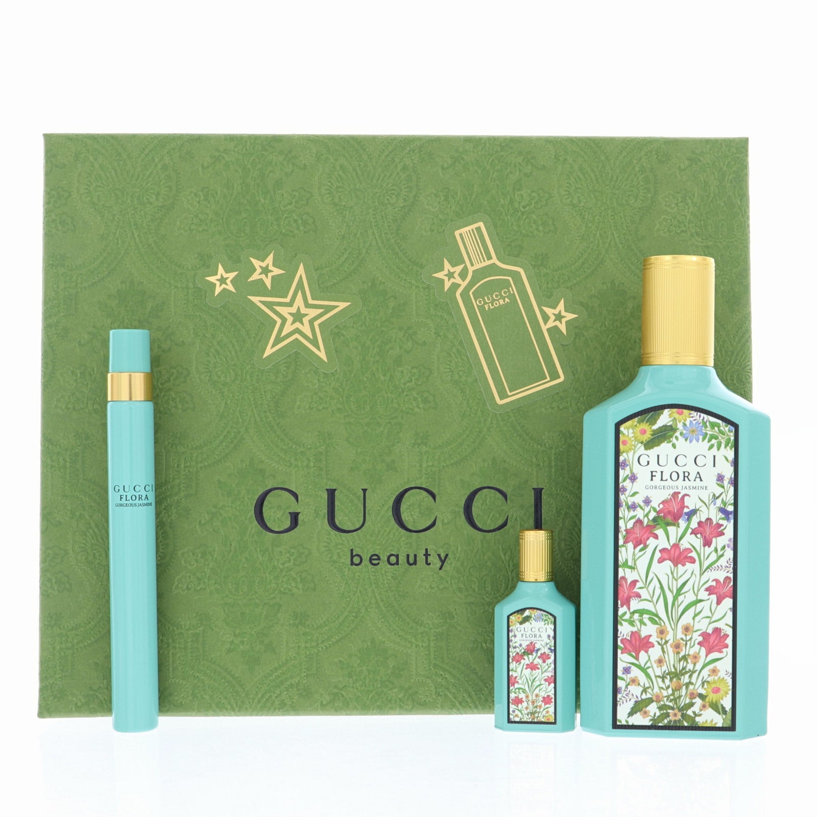 Gucci Flora Gorgeous Jasmine By Gucci Perfume 3 Piece Gift Set - 3.3 Oz Eau De Parfum Spray, 0.33 Oz Eau De Parfum Spray , 0.16 Oz Eau De Parfum Splash For Women - Gift Set