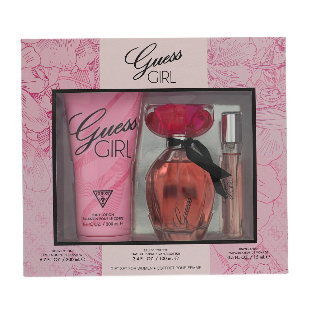 Guess Girl By Guess Perfume 3 Piece Gift Set - 3.4 Oz Eau De Toilette Spray, 6.7 Oz Body Lotion, 0.5 Oz Eau De Toilette Travel Spray For Women - Gift Set