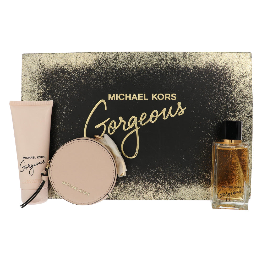 Michael Kors Gorgeous By Michael Kors Perfume 3 Piece Gift Set - 3.4 Oz Eau De Parfum Spray, 3.4 Oz Body Lotion,  Round Purse For Women - Gift Set