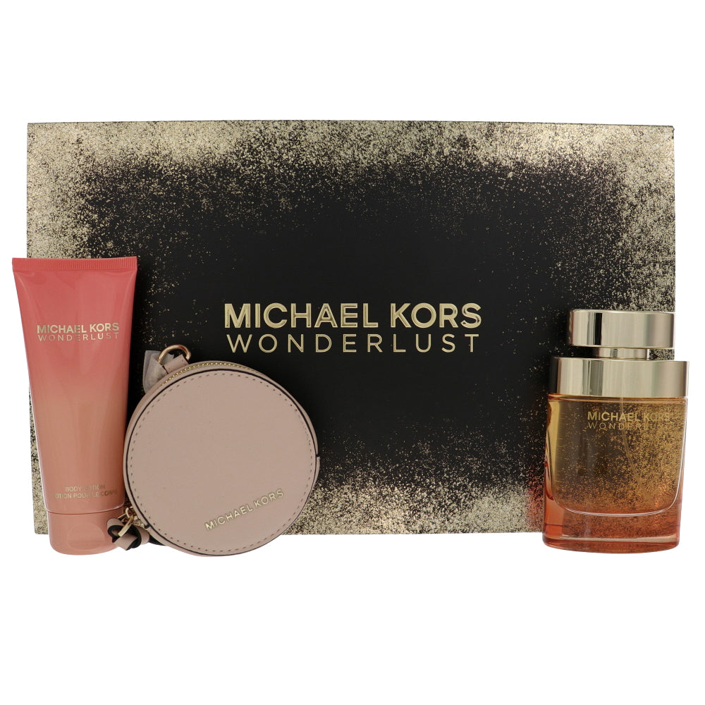 Michael Kors Wonderlust By Michael Kors Perfume 3 Piece Gift Set - 3.4 Oz Eau De Parfum Spray, 3.4 Oz Body Lotion,  Michael Kors Round Purse For Women - Gift Set