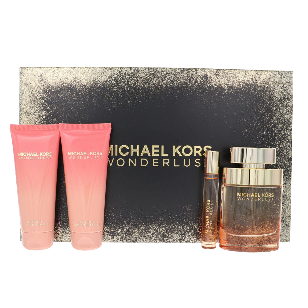 Michael Kors Wonderlust By Michael Kors Perfume 4 Piece Gift Set - 3.4 Oz Eau De Parfum Spray, 0.14 Oz Eau De Parfum Splash, 3.4 Oz Shower Gel, 3.4 Oz Body Lotion For Women - Gift Set
