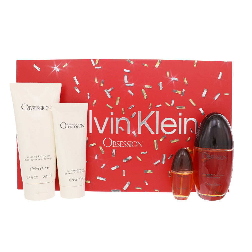 Obsession By Calvin Klein 4 Piece Gift Set - 3.4 Oz Eau De Parfum Spray, 0.5 Oz Eau De Parfum Spray, 6.7 Oz Silkening Body Lotion, 3.4 Oz Shower Gel For Women In Gift Set