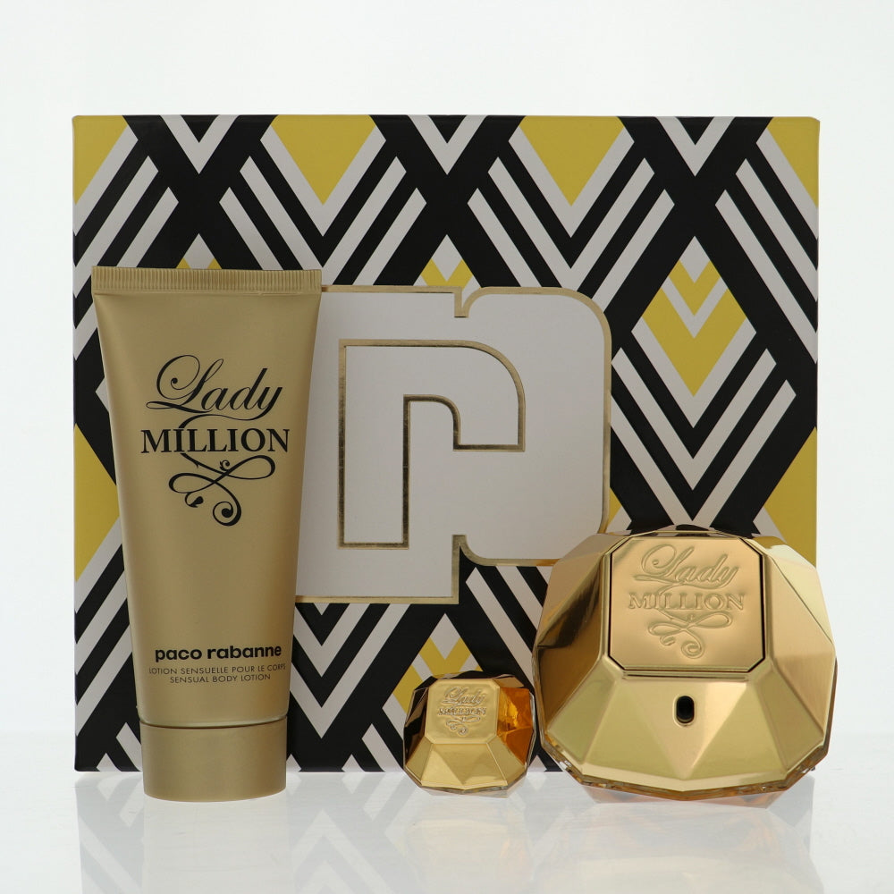 Paco Rabanne Lady Million By Paco Rabanne Perfume 3 Piece Gift Set - 2.7 Oz Eau De Parfum Spray, 0.17 Oz Eau De Parfum Splash, 3.4 Oz Body Lotion For Women - Gift Set