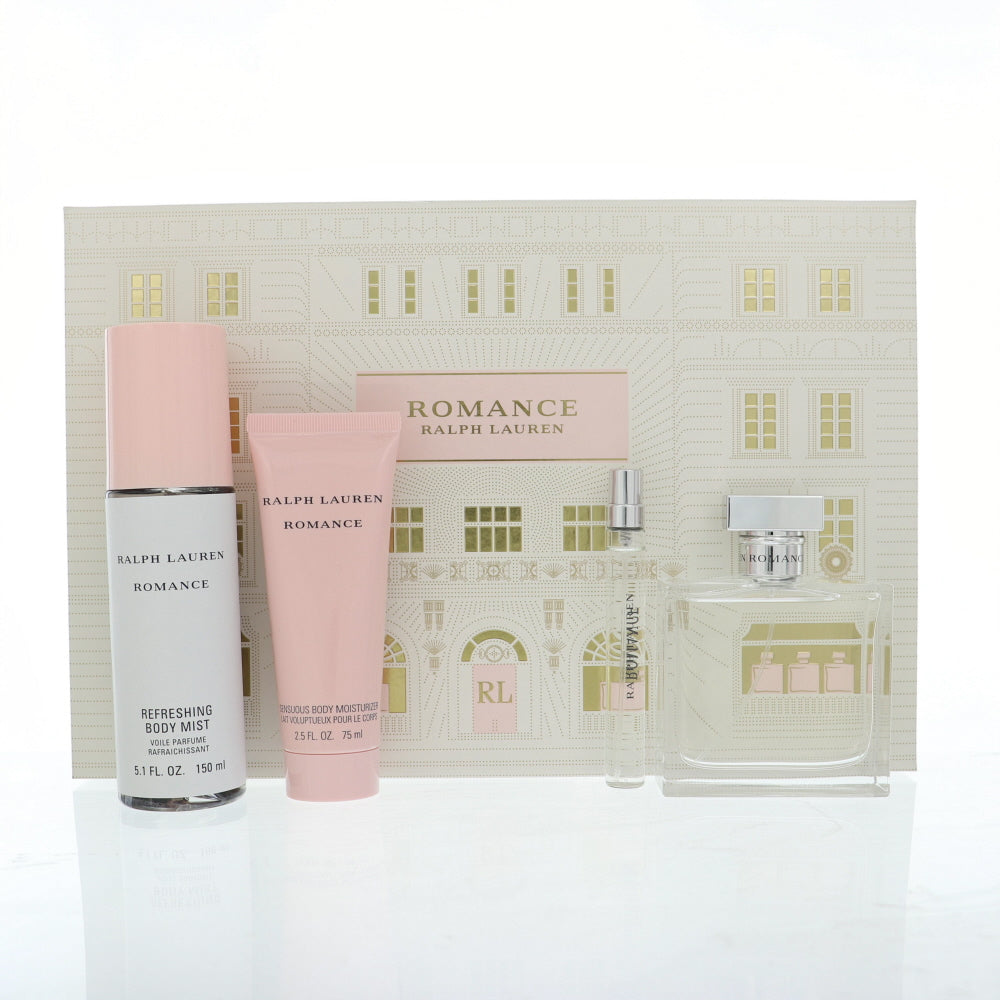 Romance By Ralph Lauren 4 Piece Gift Set - 3.4 Oz Eau De Parfum Spray, 0.34 Oz Eau De Parfum Spray, 5.1 Oz Refreshing Body Mist , 2.5 Oz Sensuous Body Moisturizer For Women In Gift Set